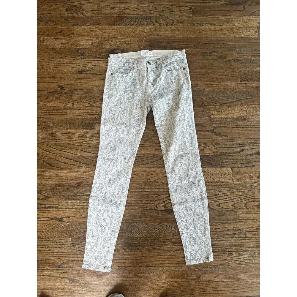 Y2K Current Elliott Bleached Lace Print Low Rise Skinny Jeans Size 27 1194